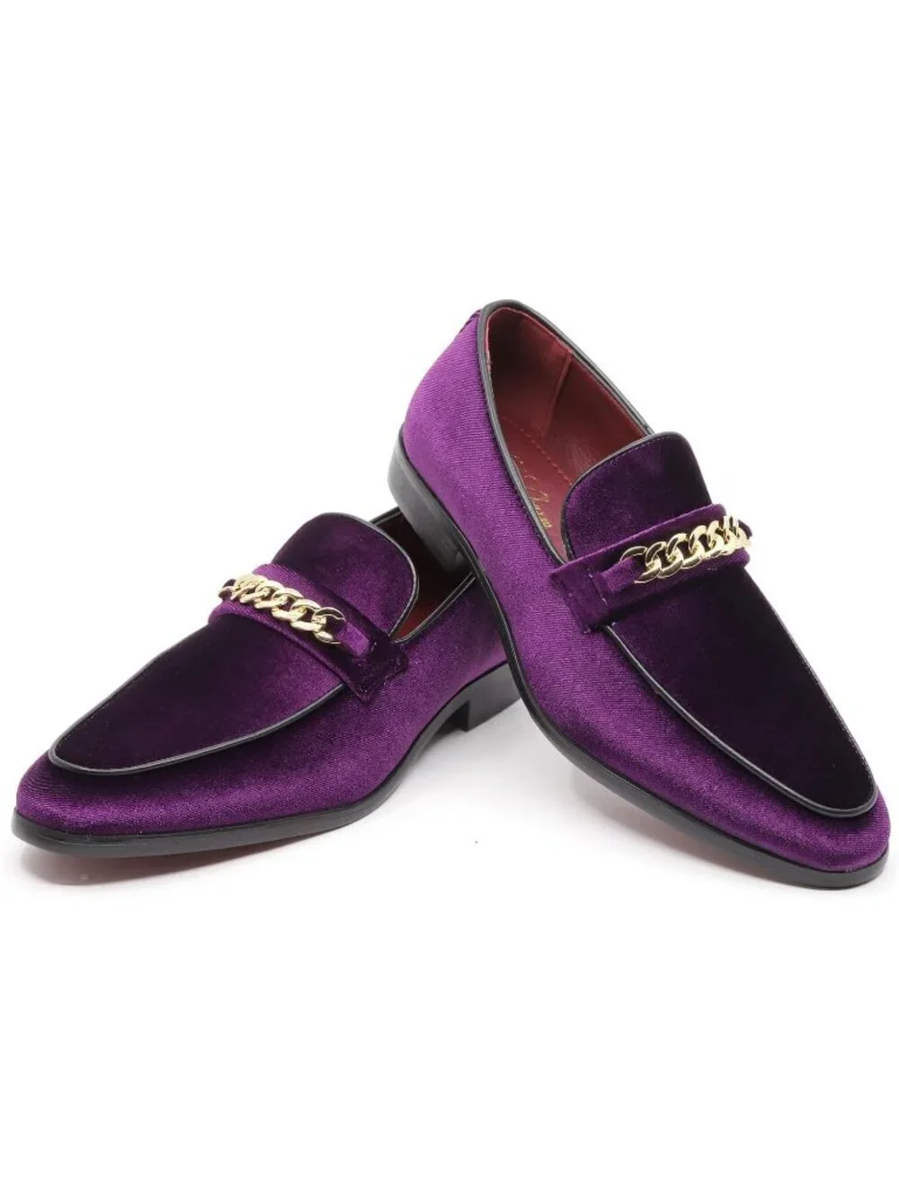 Metrocharm Men's Purple Vintage Velvet Loafers Gold Chain Buckle Slip On Shoes